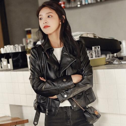 Black Short Leather Jacket Female 2021 Spring Autumn Korean Style Loose Casual Fashion Locomotive PU Coat Women Streetwear zh377