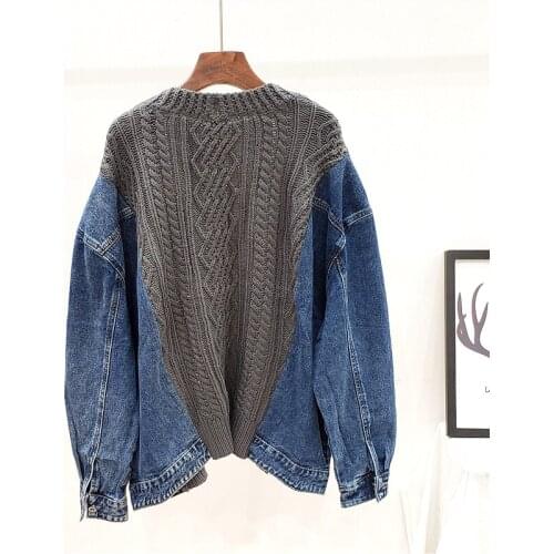Spring Autumn Sweaters Patchwork Denim Jacket Women Fashion Loose Long Sleeve Short Knitting Cardigan Street Blue Outerwear