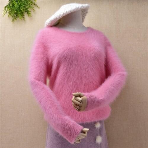 Women sweater PINK sweet winter mink cashmere pure soft angora rabbit fur made o-neck slim sweaters pullovers