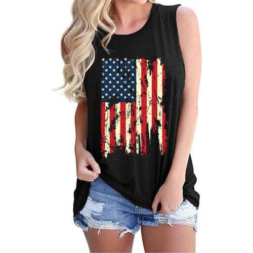 Tops Women 2020 New Summer Sleeveless Tank Top Flag Print O-Neck Black Casual Vest 100% Cotton top femme