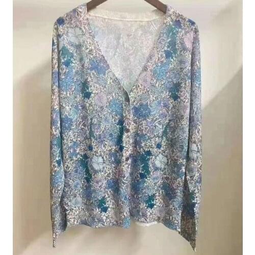Women Vintage Flower Knitted Thin Cardigan Ladies Single-Breasted Long-Sleeved Knitwear Female Outwear Tops