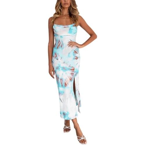 Sexy Summer Women Close-fitting Slit Dress Boat Neck Sleeveless Polyester Off-the-shoulder Dresses Blue Yellow