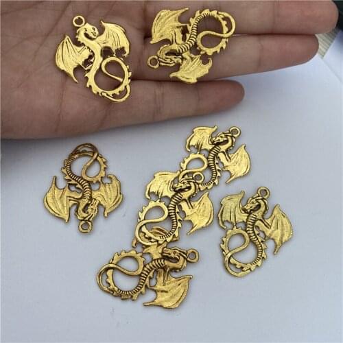 24pieces Antique Gold Tone Alloy Flying Dragon Man Necklace Pendant Bracelet Charms Punk Animal Jewelry Findings 31656