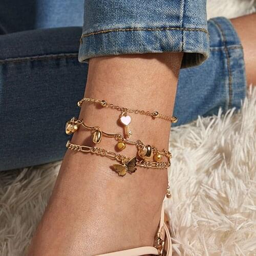 Heart Butterfly Anklets Women 3 Pieces Bracelets Fashion Leg Bracelet Feet Jewelry Accessories Female Ankle Decorations