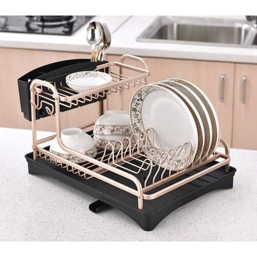 Champagne Golden Double-Dish Dish Drain Rack Space Aluminum Put Dishes Chopsticks Dishes Cutlery Storage Kitchen Racks