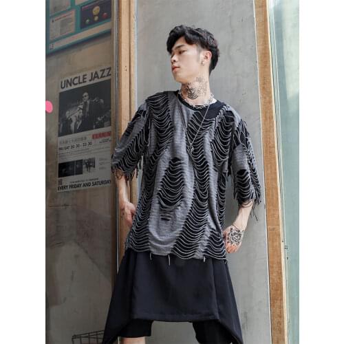 Original guochaogao Street loose short sleeve t-shirt mens lazy mens wind cut mesh nightclub half sleeve large size summer