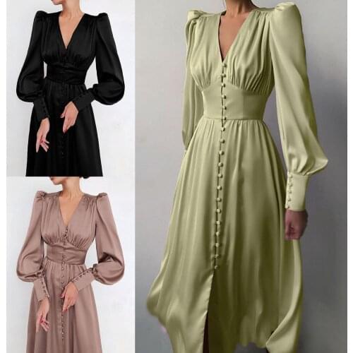 2021 Summer New Maxi Dress Tight Waist Puff Sleeve Skin-friendly Deep V Neck Long Dress for Dating Elegant And Sexy