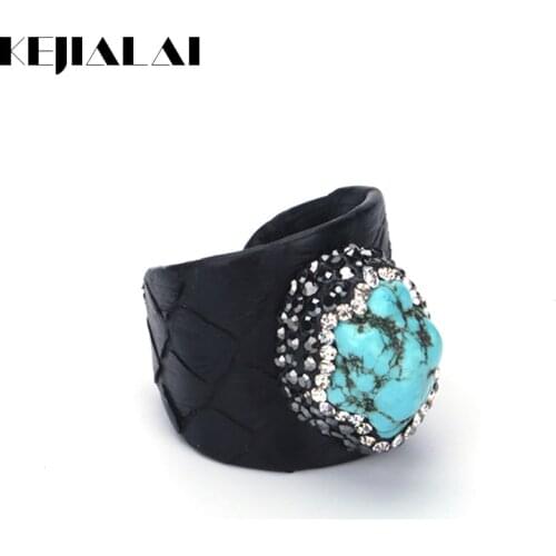 KEJIALAI Luxury Ring Blue Turquoises Stone Men Rhinestone Charms Black Real Snake Leather Adjustable Unisex Open Ring Cuff Women