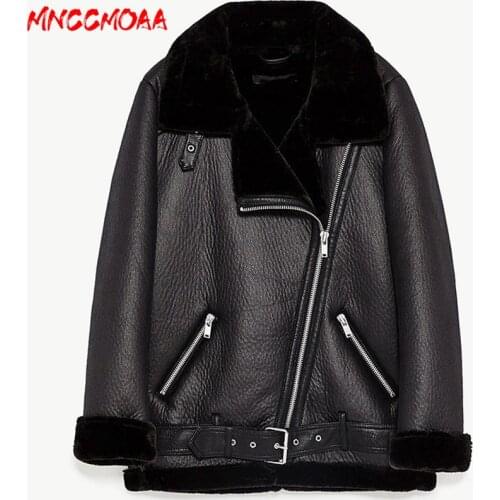 New Winter Thick Faux Leather Jacket Coat Women Chic Zipper Warm Lambswool Loose Biker Outwear Female Black Oversize Overcoats
