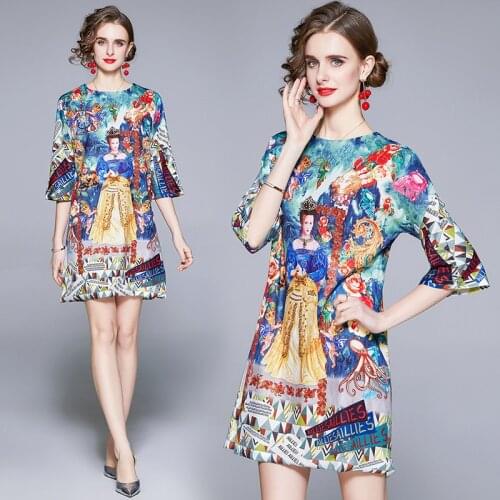 Summer womens hand-beaded heavy industry diamond-studded saint female print loose casual short-sleeved dress