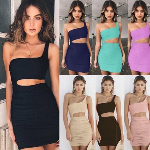 2021 Summer Fashion New One-shoulder Hollow Sexy Bag Hip Dress Nightclub Club Solid Color Slim Mini Dress Female Bodycon Dresses