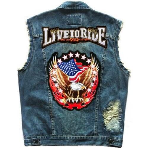 Patch Motorcycle Club US Flag Eagle Badges Rivet Embroidery Mens Denim Vest Punk Distressed Ripped Moto Biker Vests