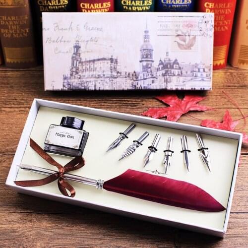 Antique Quill Feather Dip Pen Writing Ink Set Stationery Gift Box Calligraphy Quill Dip Pen Fountain Pen With 6 Nibs For Gifts