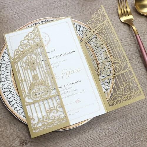 50pc Brown Sweetheart Laser Cut Wedding Invitation Card Love Door Gate Marriage Invitations with Printable Insert and Envelope
