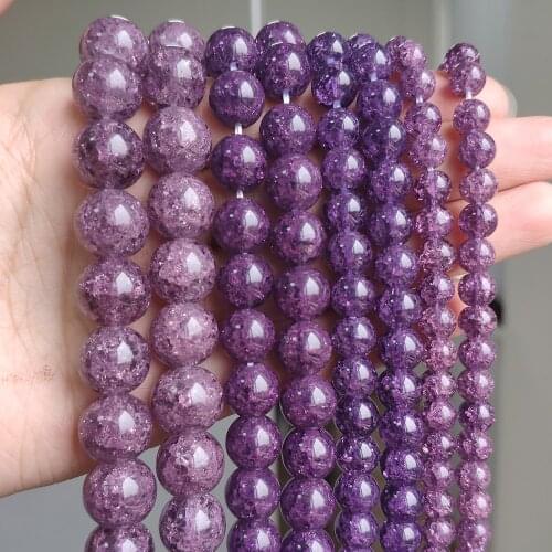 Dark Purple Cracked Crystal Quartz Glass Round Loose Beads for Jewelry Making DIY Bracelets Accessories 15'' 6/8/10/12mm