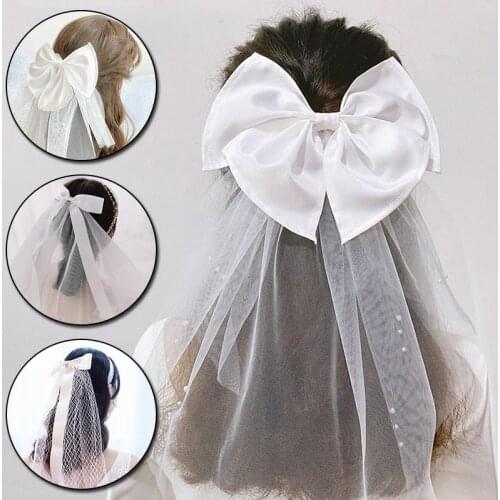 Women Short Veil Wedding Bridal Tulle Hairpin With Bow Ribbon EdgeWedding Party Photography Hairwear Accessories 2021 New