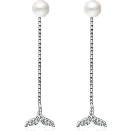 KOFSAC New Charm 925 Silver Earrings For Women Sweet Cute Mermaid Tail Long Tassel Pearl Earring Engagement Party Jewelry Gifts