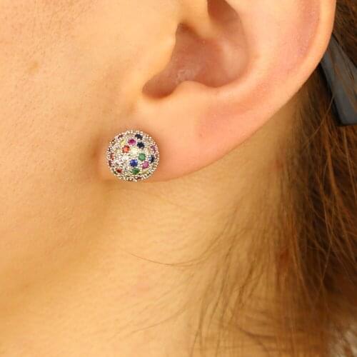Mini cute Multicolor Cubic Zirconia Round Disco CZ ball Stud Earrings Womens party Fashion rainbow wedding Jewelry gift