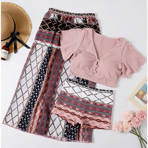 STAERK Skirt style 3-pieceKorean short sleeve swimsuit womens sexy pink Floral High Cut Tankini Plunge Bra and Floral Briefs