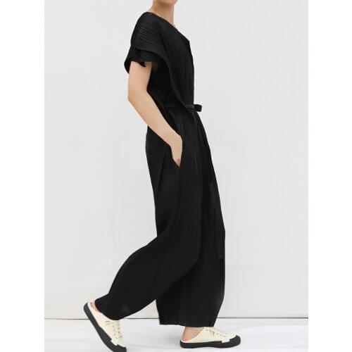 Pleated Jumpsuit Casual Wide Leg Pants Women Fall Clothing Plus Size Loose Miyake Pleated Summer 2021 Black Bandage Jumpsuit