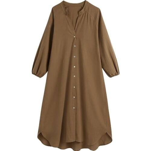 Women Solid Color Asymmetric Linen Shirt Dress Lantern Long Sleeve Buttons Midi Dress Female Casual A Line Loose Dresses