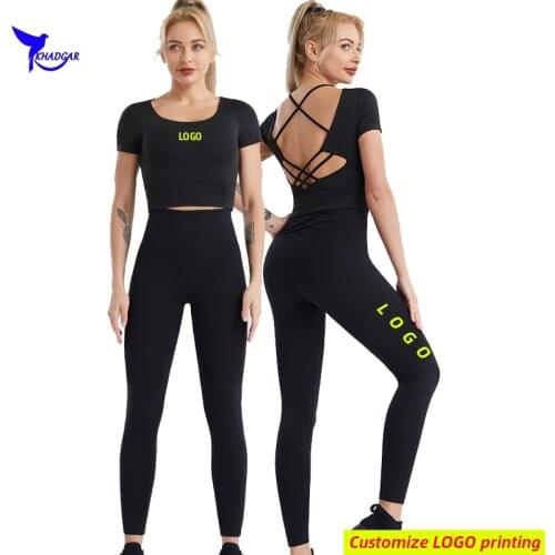 2021 Quick Dry Build in Bra 2 Pcs Sport Suit Women Short Sleeve Crop Top+Leggings Running Set Gym Fitness Yoga Sportswear Custom