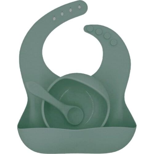 3 Pcs Solid Colour Baby Silicone Bowl Toddler Feeding Bowl with Bib Spoon Dishes