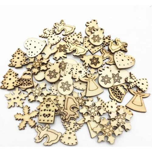 50pcs 25~30mm Wood Mixed Christmas DIY Crafts Snowflake Heart Bell Snowman Shaped For Ornament Party Decorations Tags Pendants