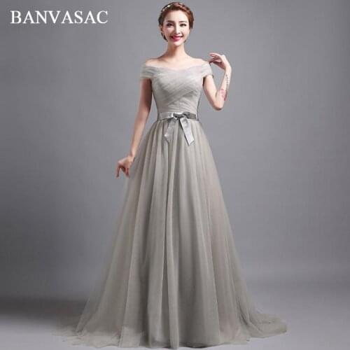 BANVASAC 2018 Pleat Boat Neck Bow Sash A Line Long Evening Dresses Elegant Party Lace Short Sleeve Prom Gowns