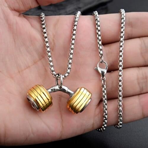 Valily Mens Dumbbell Pendant Necklace Titanium Stainless Steel Sport Gym Fitness Barbell Necklace Masculine Jewelry Chain 24"