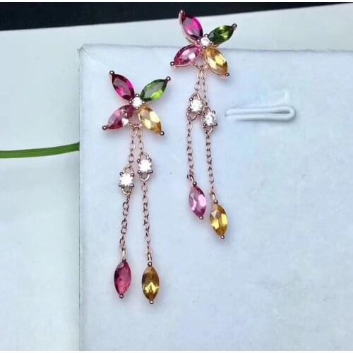 Natural Multicolor tourmaline Lucky clover water drop earrings 925 silver natural gemstone earrings women party fine jewelry