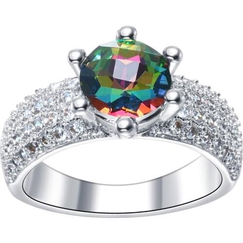 Hainon NEW Fashion Womens Rings Silver Color Filled Rainbow Colorful CZ Zircon Jewelry Wedding Engagement Ring for Lady