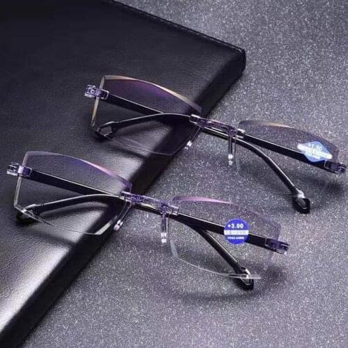 Double Light Anti-blue Light Reading Glasses Frameless Diamond Cut Edge Presbyopia Eyeglasses Diopter +1.0 To +4.0 See Far Near