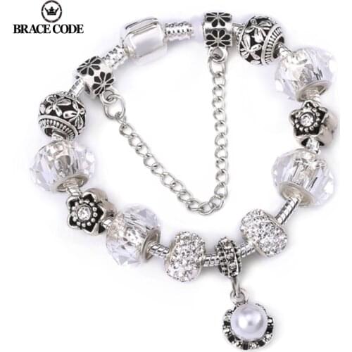 Silver-Plated Charm Bracelets And Bangles With Pearl Pendants And Flower Charms. Womens Wedding Brand Gift 16CM-21CM