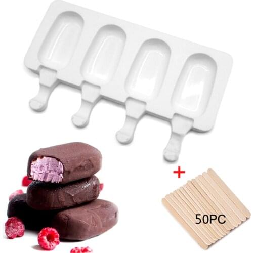 4 Cell Silicone Frozen Ice Cream Mold Juice Popsicle Maker Children Pop Mould Lolly Tray Kitchen Tools + 50 Wooden Sticks