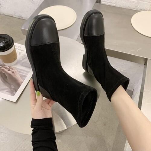 Nice Autumn Winter Women Classic Black Short Sock Boots Slip on Flats Punk Shoes Female Platform Combat Ankle Boots