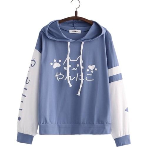 Cartoon Cat Print Harakuju Women Hoodies 2021 Autumn Long Sleeve Drawstring Hooded Sweatshirt Sweet Style Female Kawaii Cute Top