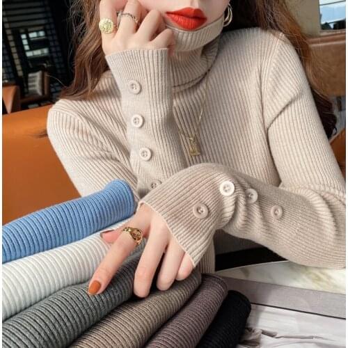 2021 Autumn Winter Thick Sweater Long Sleeve Turtleneck Button Jumper Soft Warm Pull Femme Sweater Women Knitted Ribbed Pullover