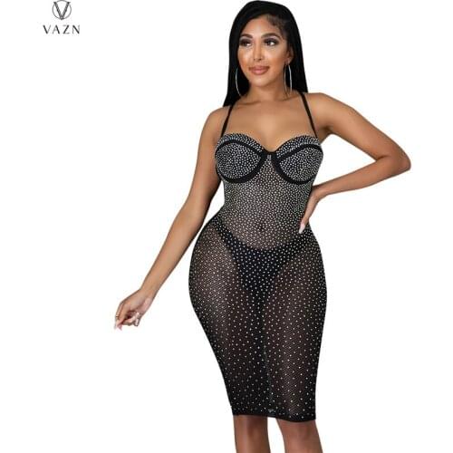 VAZN 2021 New Long Dress Sexy Diamonds Open Backless Halter Off Shoulder Solid High Waist Pencil Midi Young Vestidos For Female
