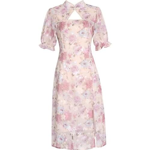 Elegant Print Floral Dress Women Sexy Vintage Sweet Dress Kawaii Puff Sleeve Casual Party Split Dress Summer 2021 New