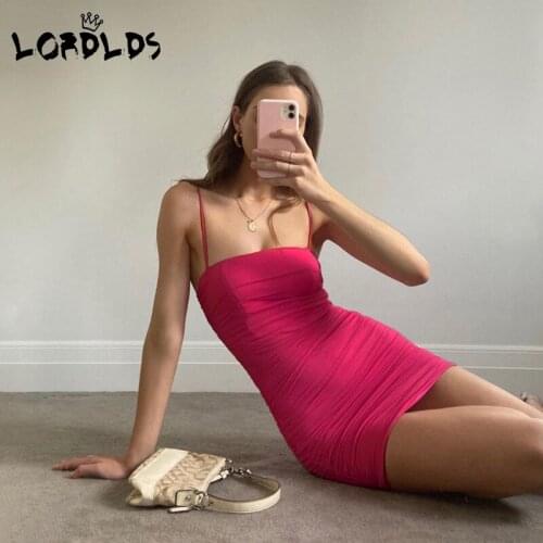 LORDLDS Ruched dress mini pink dress women Spaghetti Strap sexy party 2020 Summer Skinny bodycon Clubwear Dresses