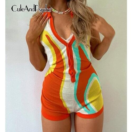 Y2K 2000s Aesthetic Cute Knit Playsuits Women Harajuku Print Button Up Bodysuit Sleeveless Chic Retro Outfits 90s Cuteandpsycho