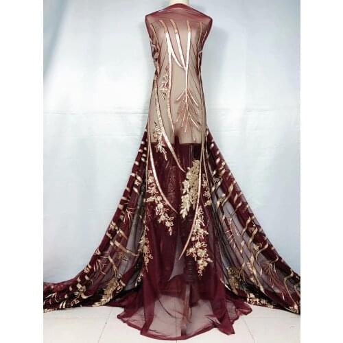 5yards/lot Fashion design sequins JRB-72113 african india dark red mesh gold sequins tulle lace fabric for sawing