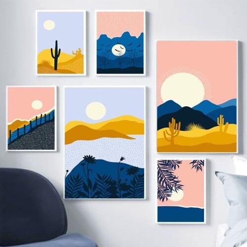 Abstract Landscape Poster Sunset Mountains Desert Plants Wall Art Canvas Painting Minimalistic Prints Living Room Decoration