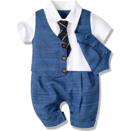 2021 Summer Baby Romper Denim Blue Newborn Boys Formal ClothesCotton Children Jumpsuit Casual Kids Outfit Gentleman Blue Costume