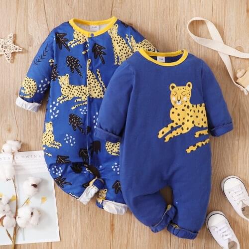 PatPat Animal Leopard Print Blue Long-sleeve Baby Jumpsuit