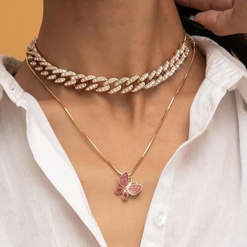 European and American retro simple jewelry with butterfly rose gold clavicle Cuban buckle snake bone chain necklace for female