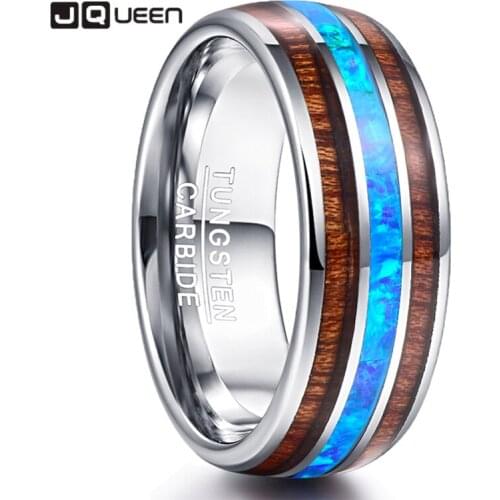 JQUEEN 8mm Wide Dome Steel Inlaid with Two Acacia True Blue Opal Tungsten Steel Ring Wedding Rings