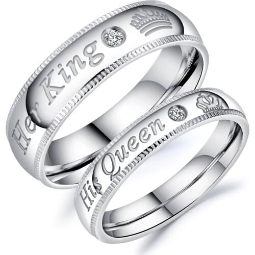 KKCHIC Hot Selling Her King His Queen Stainless Steel Couple Rings For Lovers Romantic Jewelry Best Gift Engraving Diamond Ring