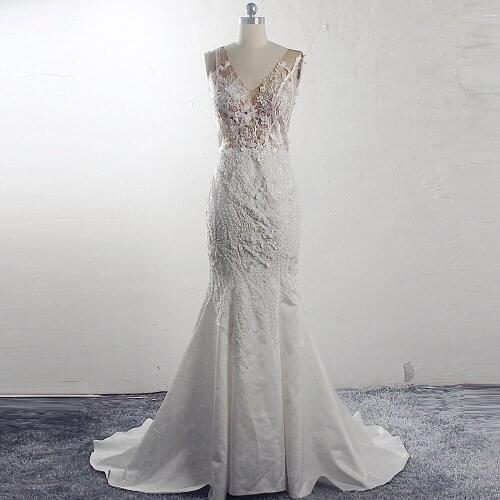 RSW1532 Luxury Beaded Pearls Lace Ivory Sexy V Neck Sleeveless Bridal Wedding Gowns Bride Dress Satin Mermaid Wedding Dresses
